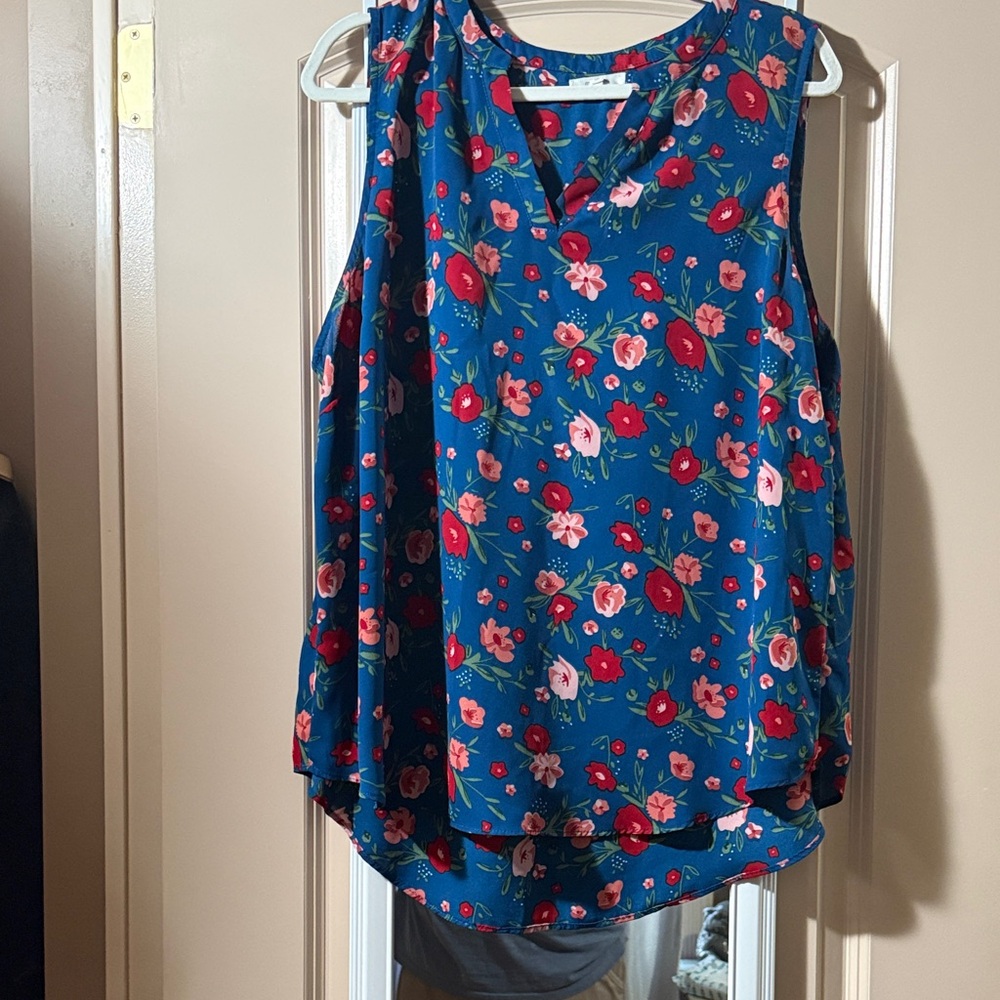 Maurices Teal Floral Sleeveless Camisole with Pink & Red Blooms